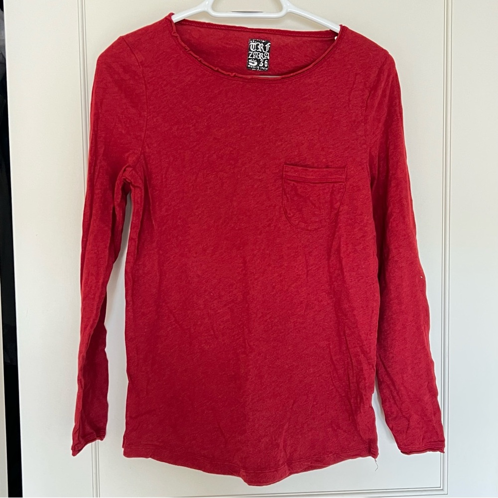 Red Long Sleeve Pocket Tee